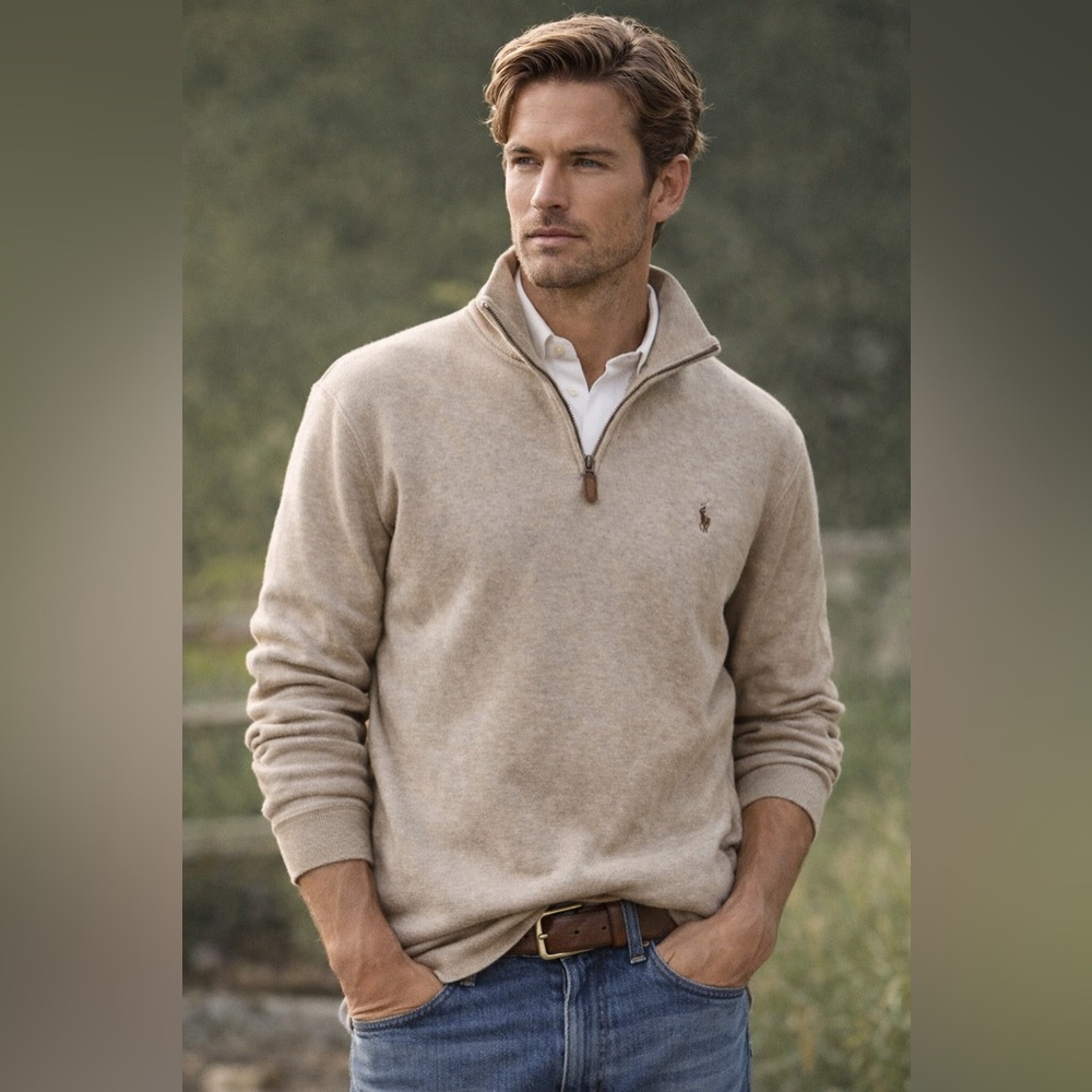 Polo Ralph Lauren Men L 1/4 Zip Sweater Beige Pullover Classic Preppy Casual